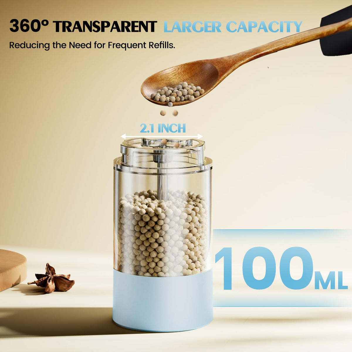 Ioion large-capacity refill window lets you see spice levels at a glance.