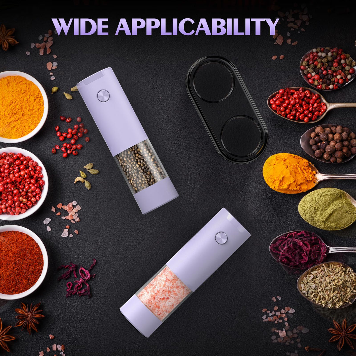 ioion salt and pepper grinder set shows a 360-degree transparent chamber for quick spice checks