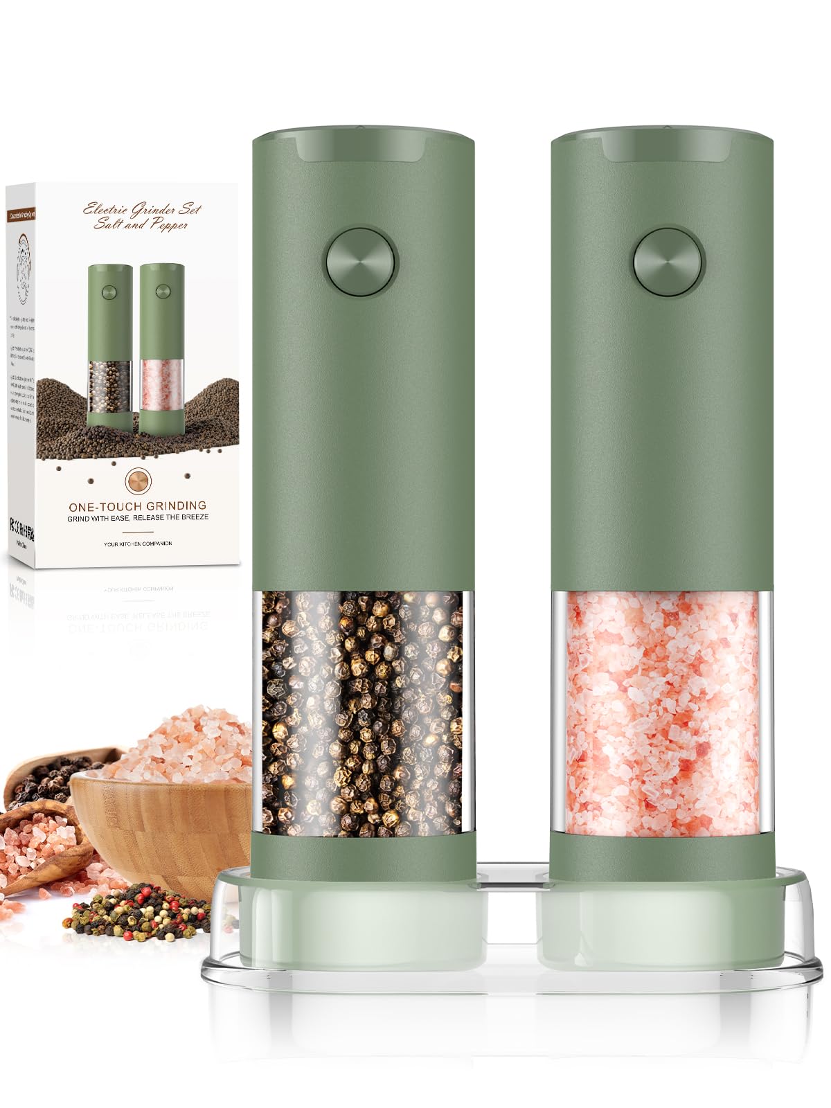 ioion salt and pepper grinders on a kitchen counter showing adjustable coarseness