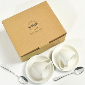 ionEgg espresso cup with saucer shows a neat, space-saving stacking display.