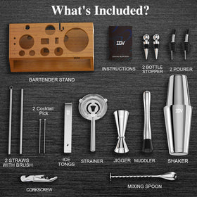 IOV bamboo display rack enhances organization and adds a natural focal point to your bar.
