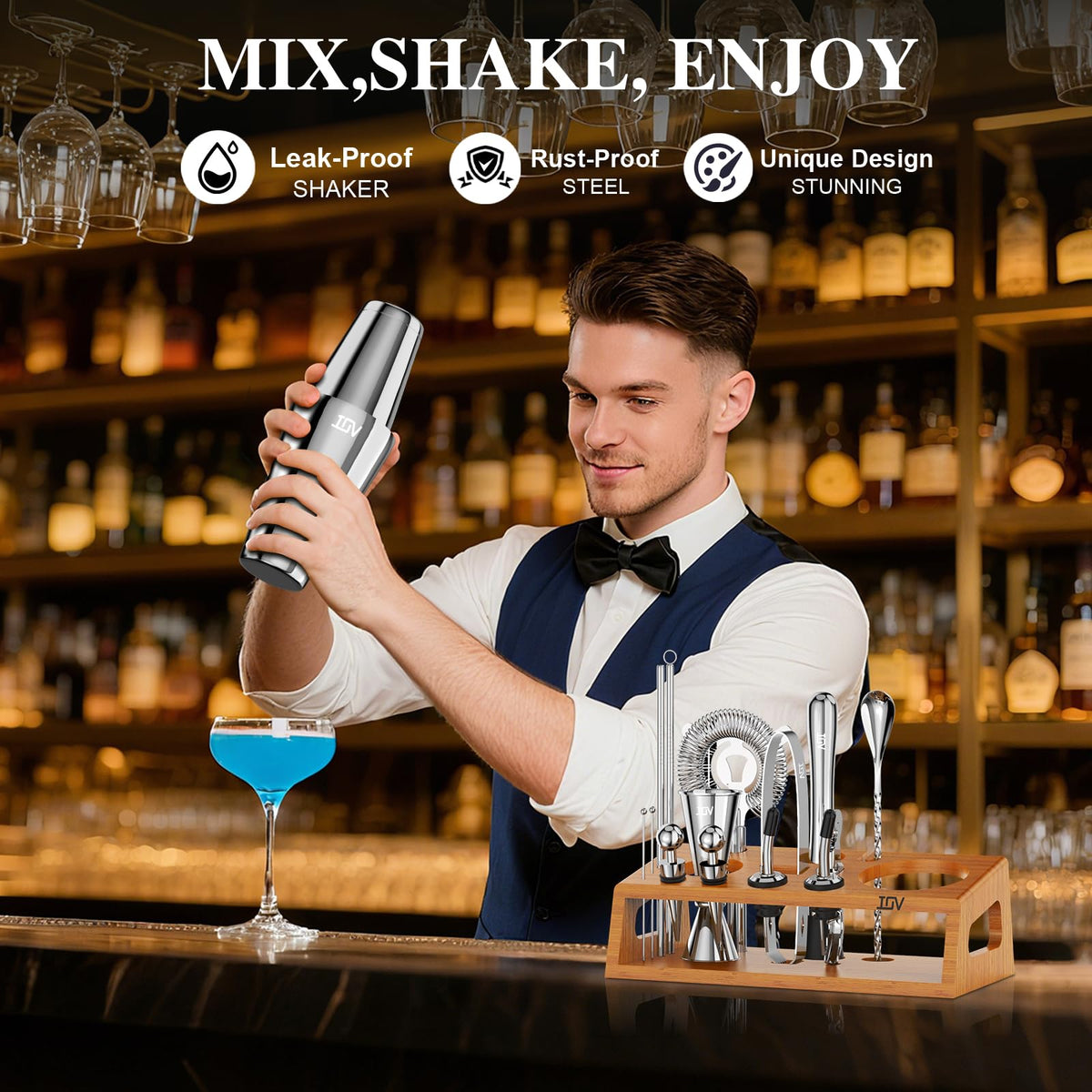IOV cocktail recipe booklet guides you through 28 cocktails with clear steps.