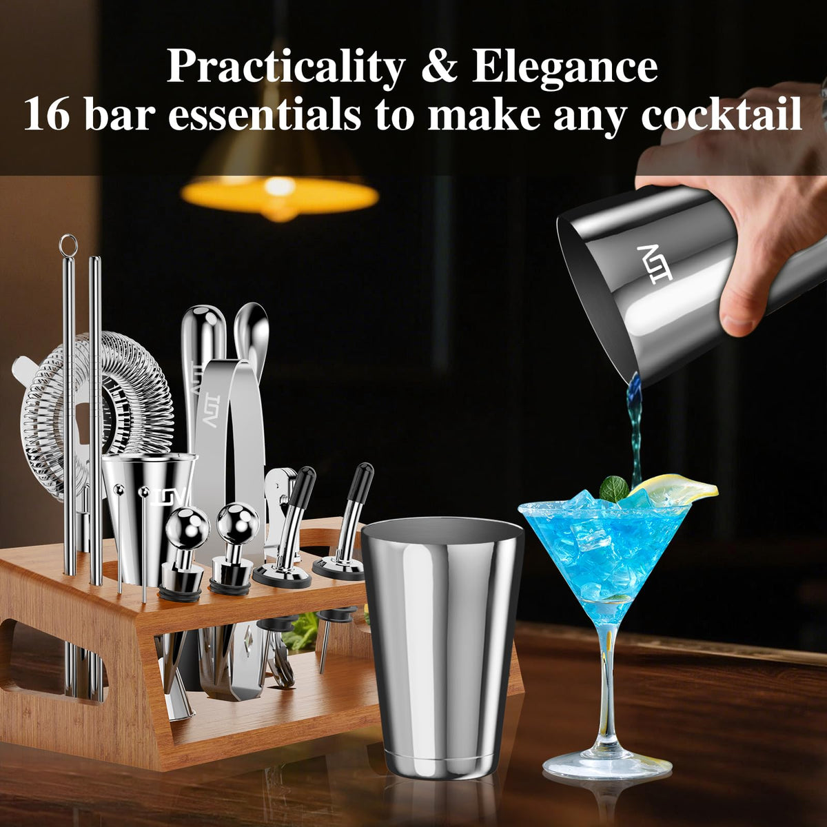 IOV bar set features rust-resistant metal and dishwasher-safe components for easy cleanup.