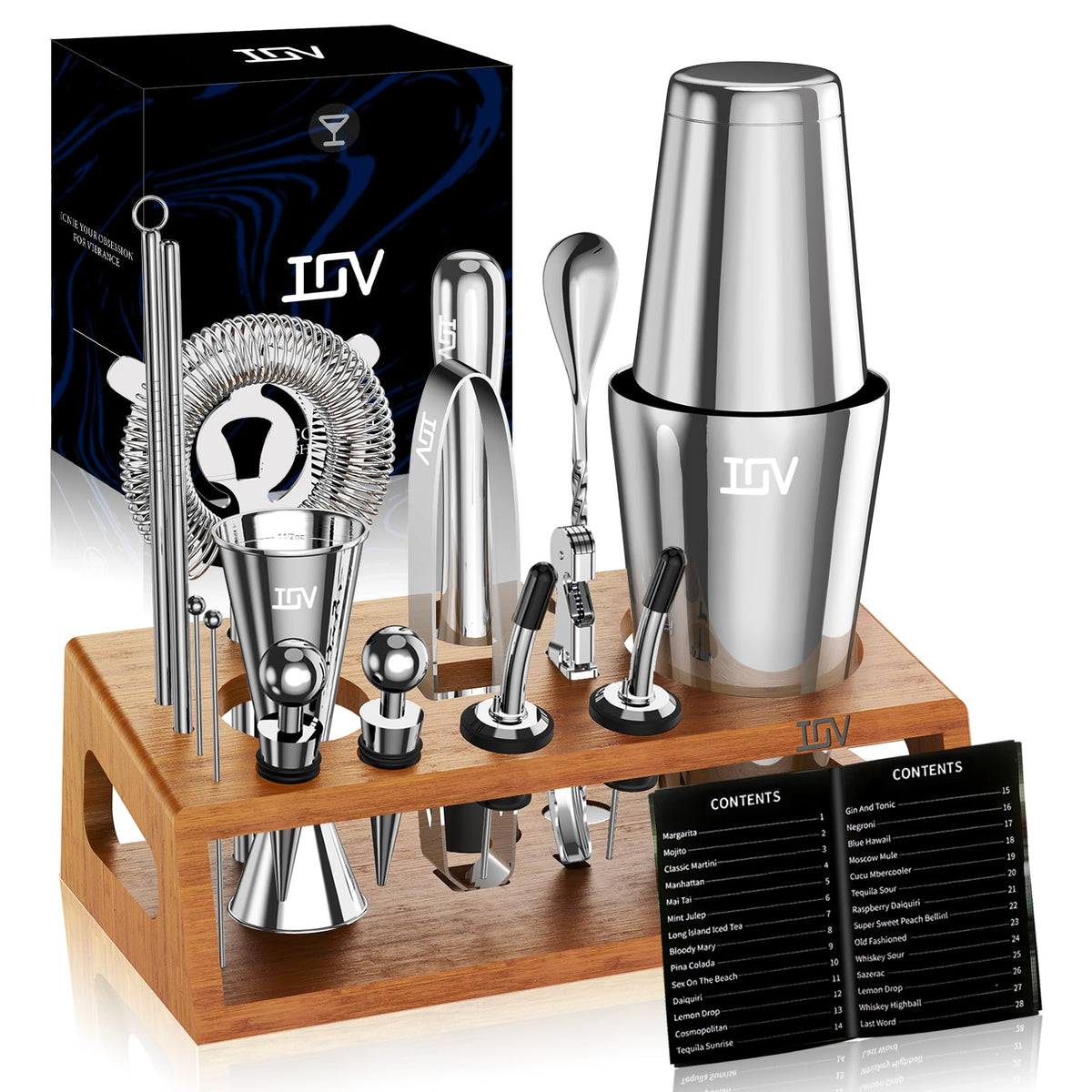 IOV Mixology Bartender Kit stand display with organized tools for stylish home entertaining.