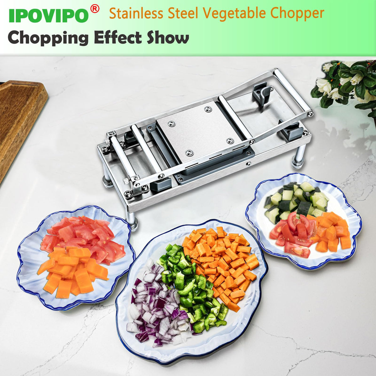 IPOVIPO four-blade assembly enables versatile slicing, dicing, and shredding.