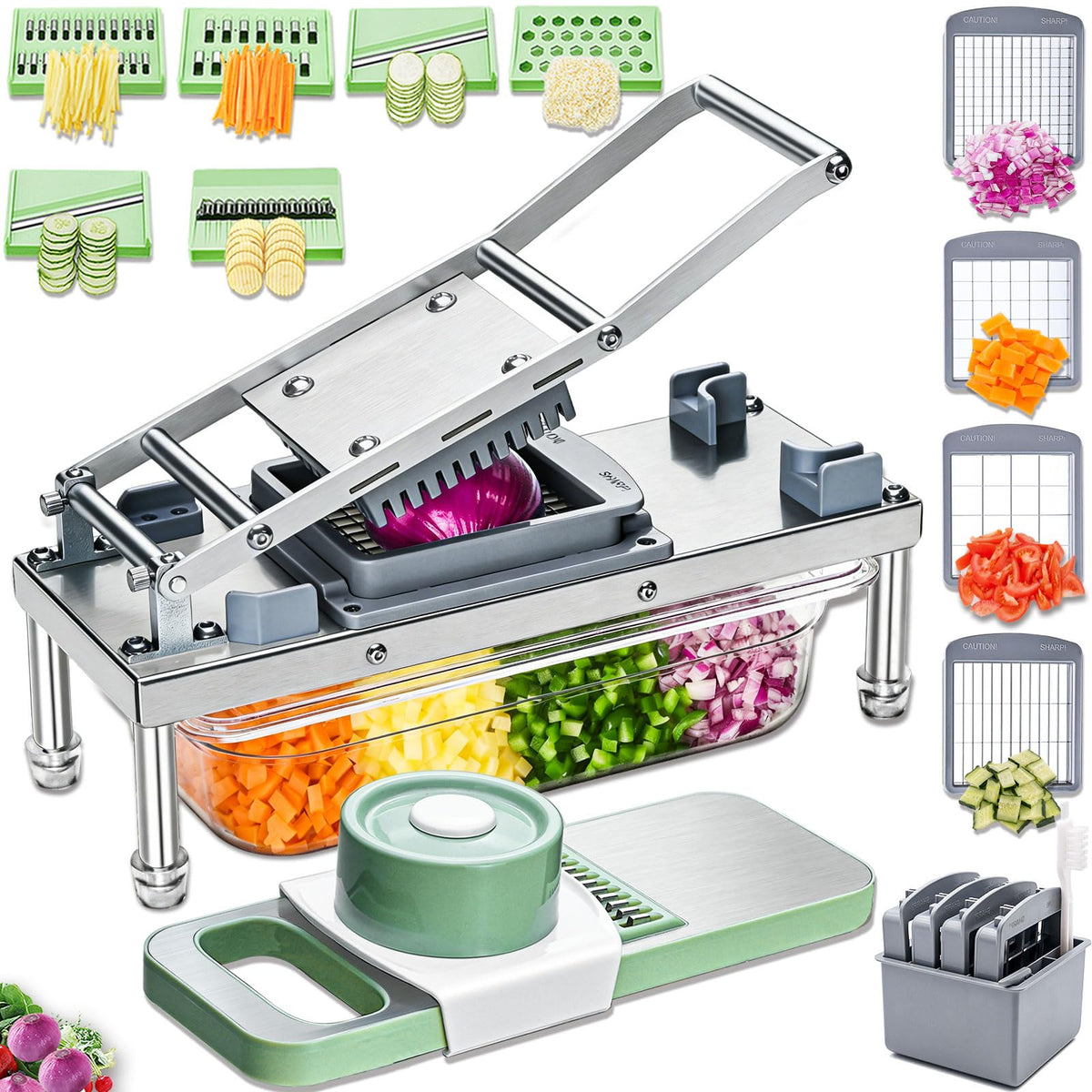 IPOVIPO stainless steel vegetable chopper front view highlights durable build for quick meals.