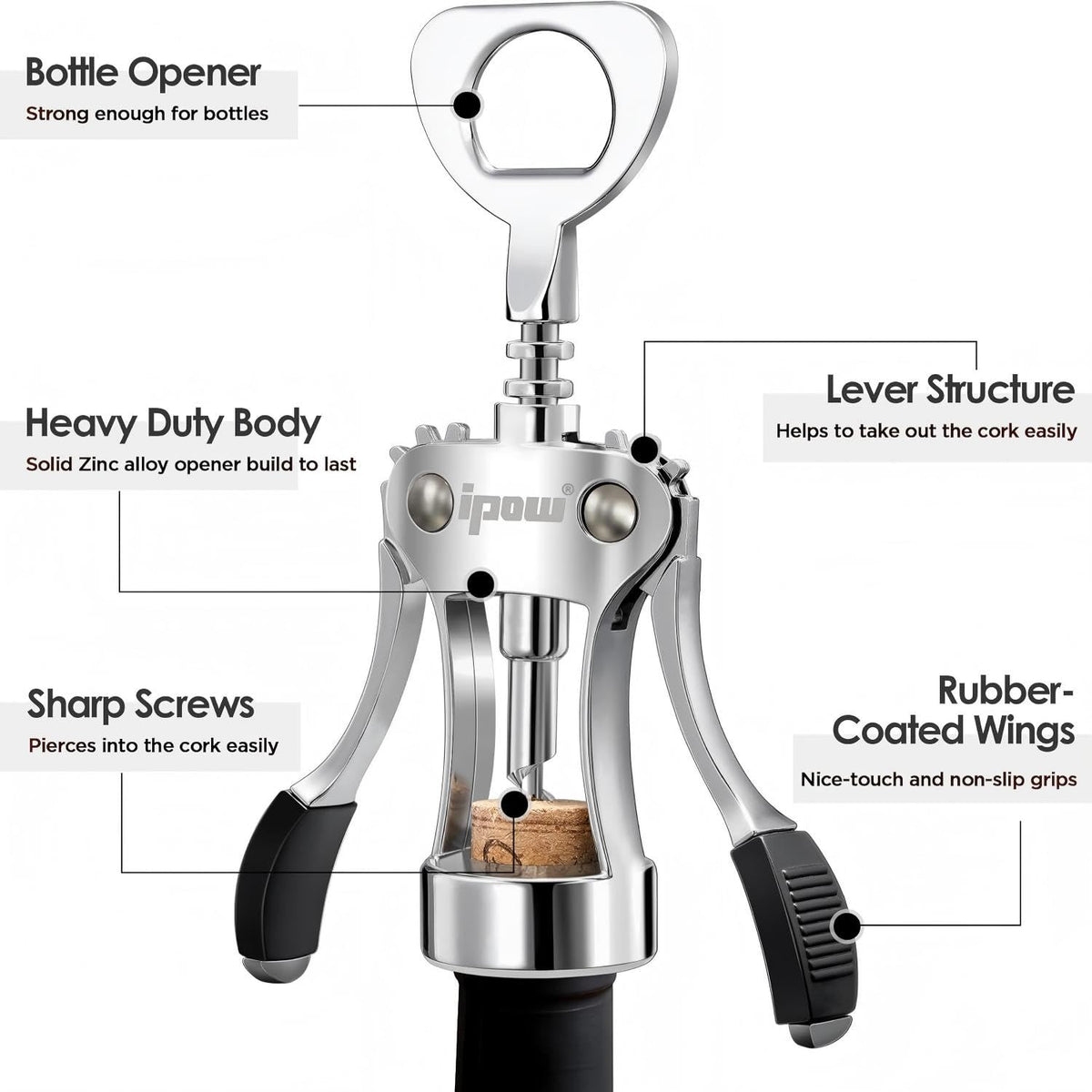 IPOW 2-in-1 opener ready for wine and beer bottles.