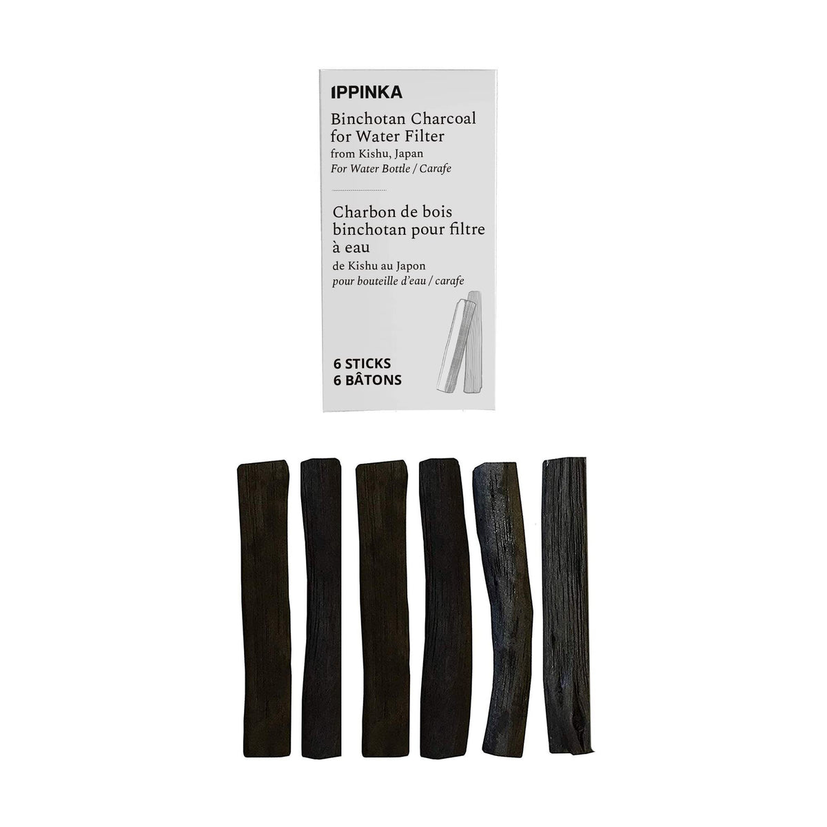 IPPINKA Binchotan packaging featuring the premium charcoal sticks for pure water