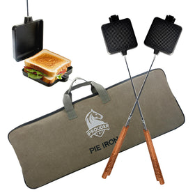 IPROUDER campfire pie iron assembly showing durable cast iron for even heating on open flames.