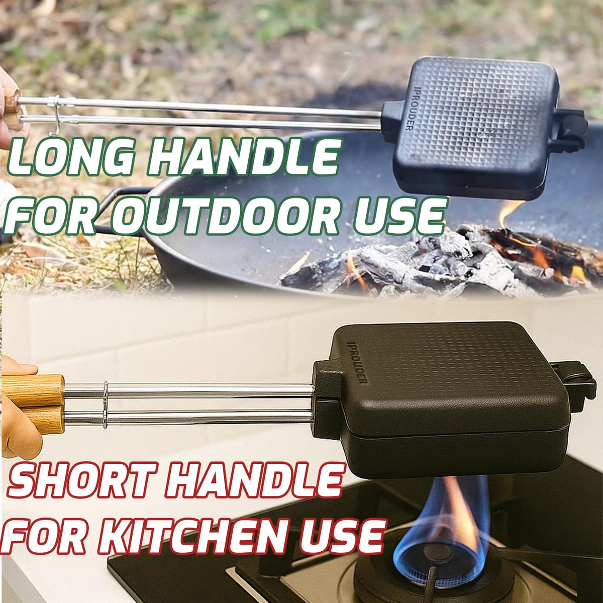 IPROUDER Campfire Pie Iron in use for outdoor grilling and campfire cooking.