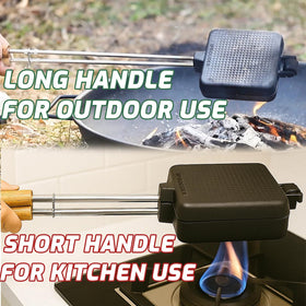 IPROUDER Campfire Pie Iron in use for outdoor grilling and campfire cooking.