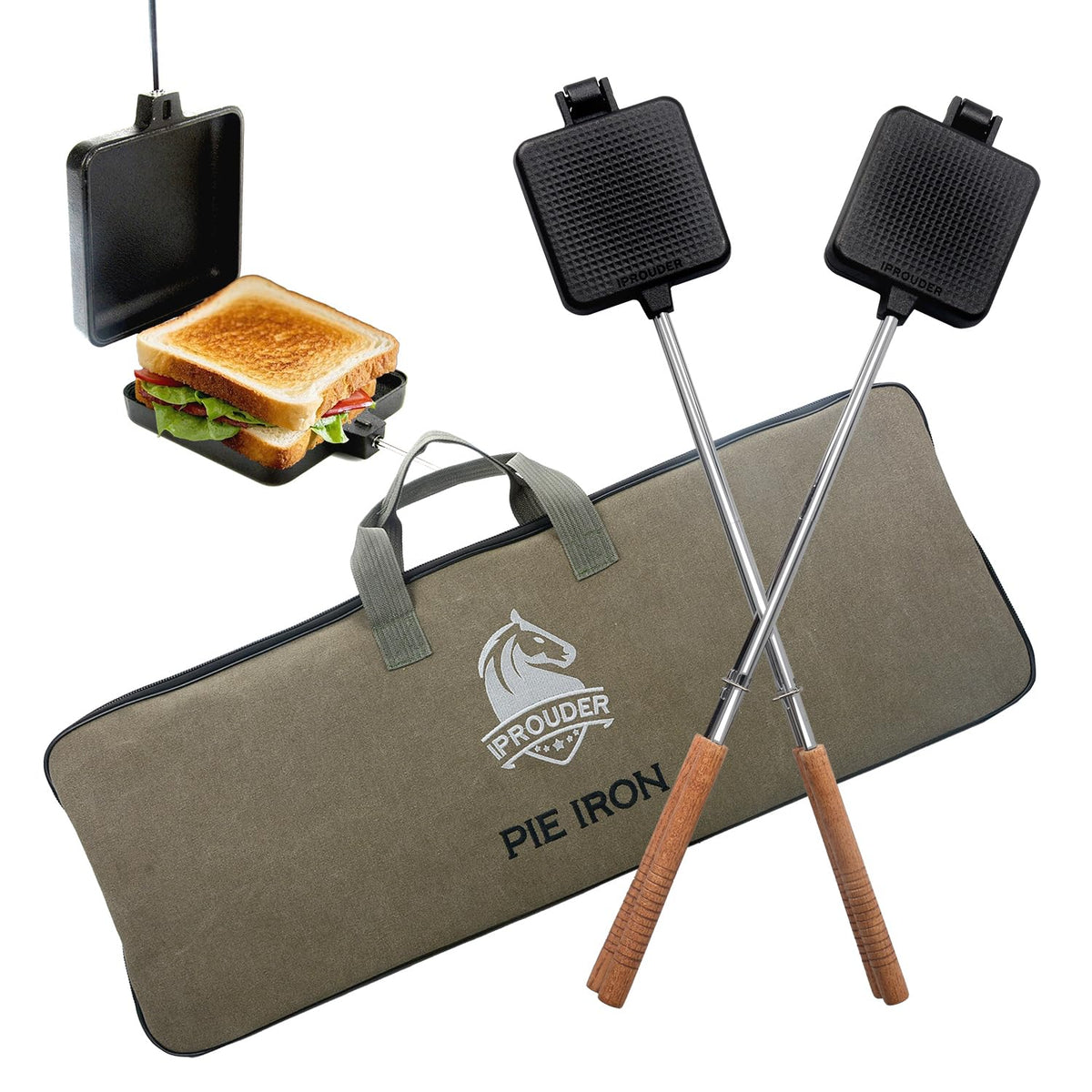 IPROUDER Campfire Pie Iron with large cooking area for hearty camp meals.