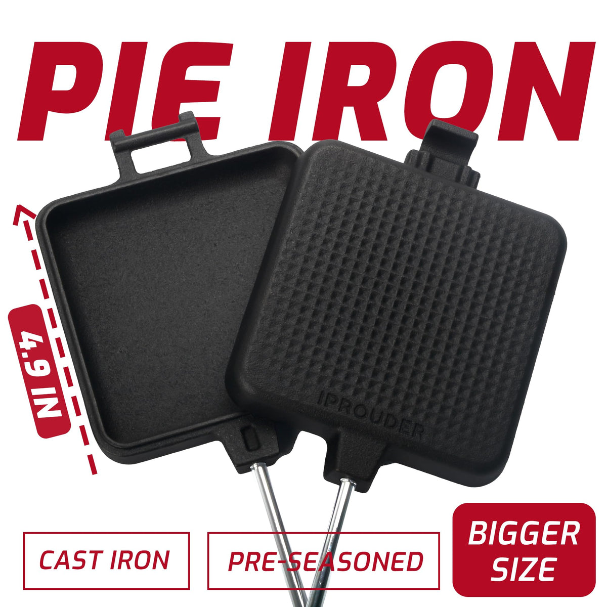 IPROUDER pie iron ergonomic handles extended for safe flipping over flames.