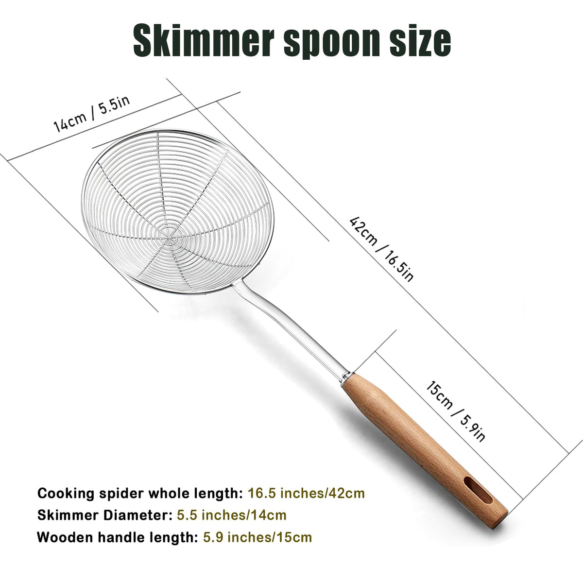 IQCWOOD spider strainer shown with long wooden handle for safe high-heat use.