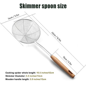 IQCWOOD spider strainer shown with long wooden handle for safe high-heat use.