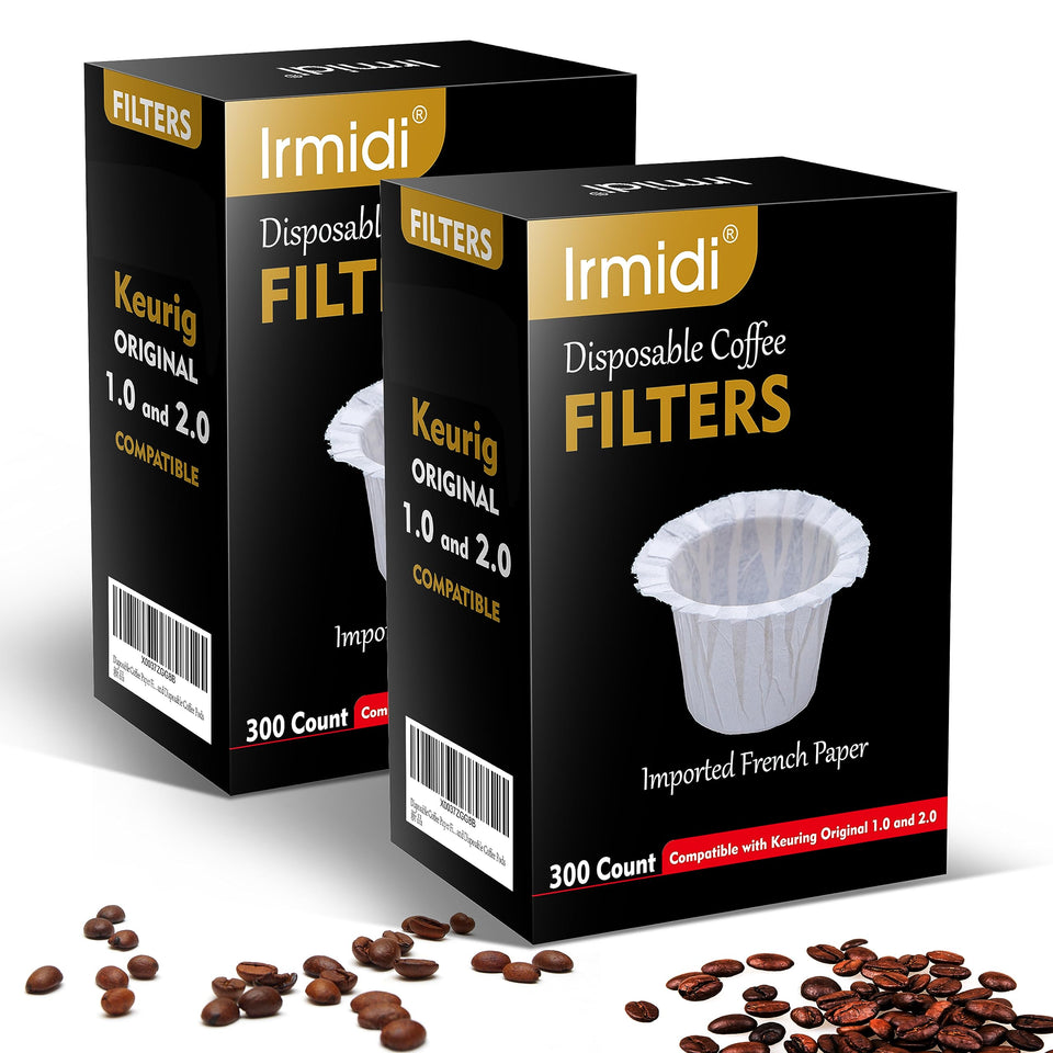 Irmidi disposable coffee filters 600-count in box, compatible with Keurig machines for cleaner cups.