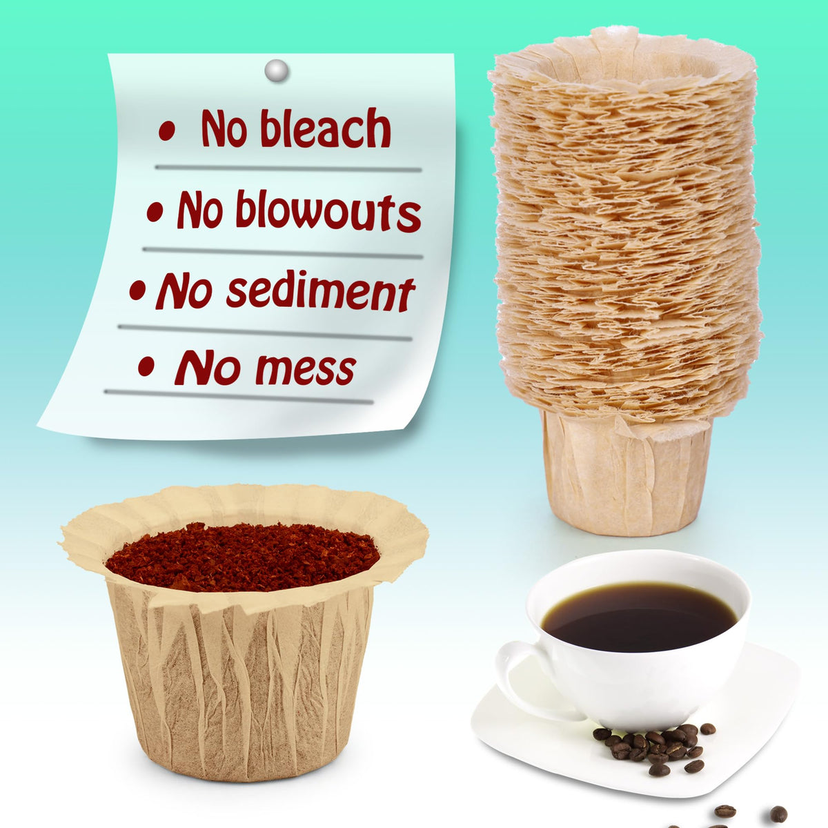 Irmidi easy-cleanup filters simplify cleanup after brewing with simple disposal.