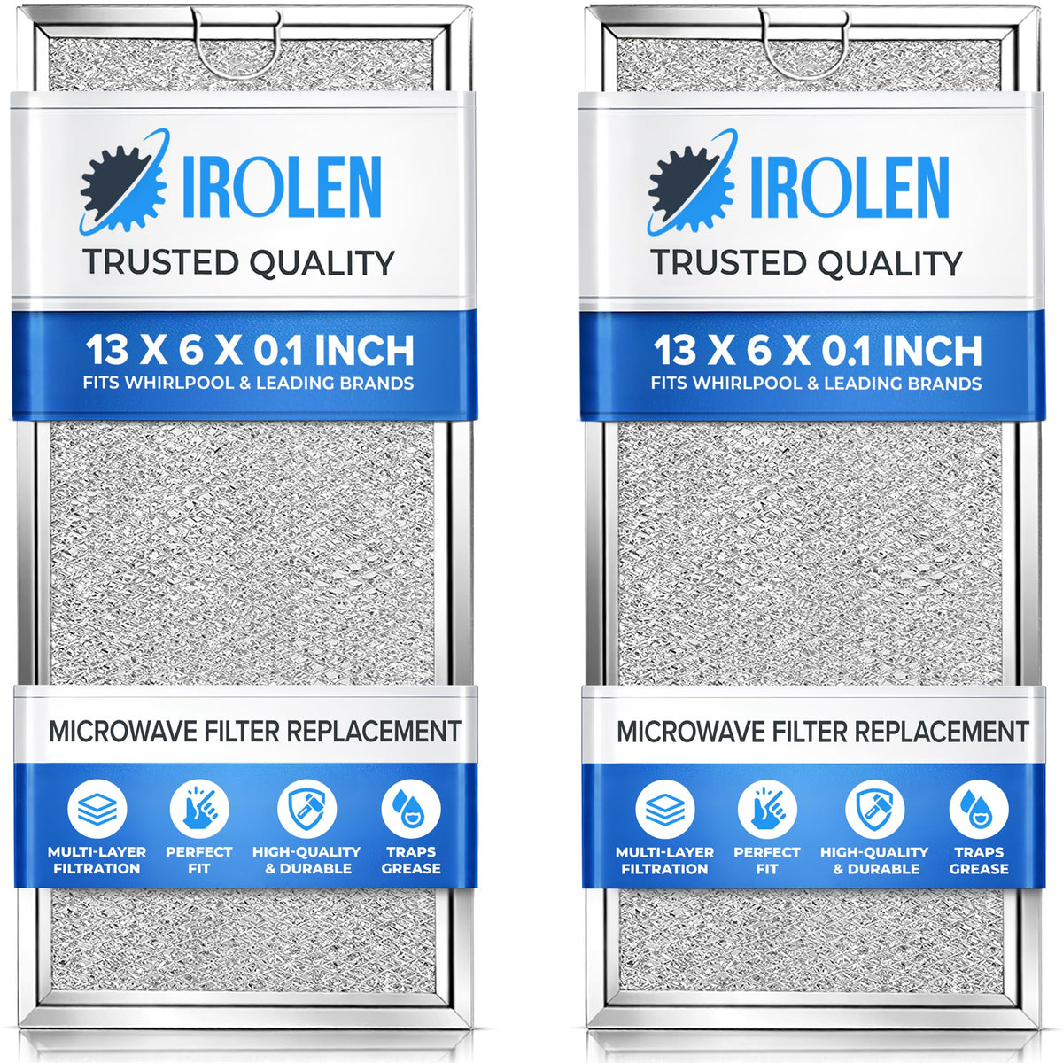 IROLEN grease filter front view fits Whirlpool/GE microwaves and helps reduce odors.