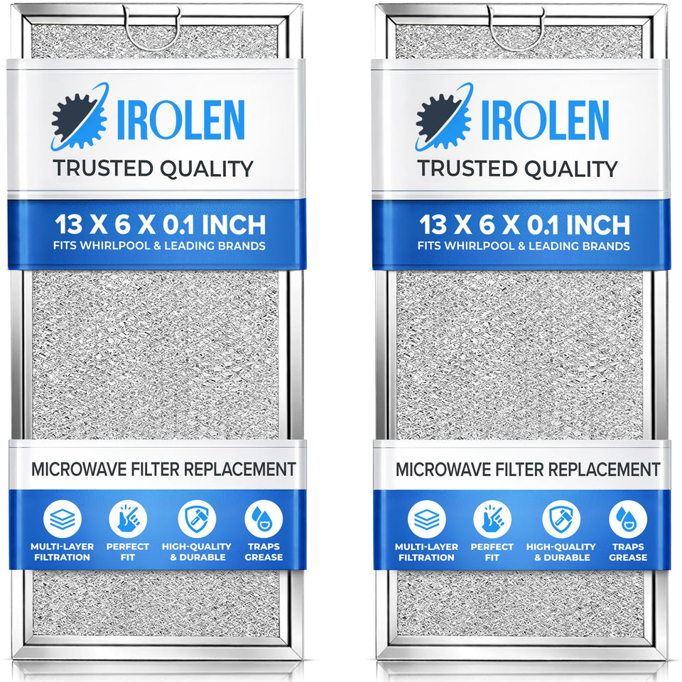 IROLEN grease filter front view fits Whirlpool/GE microwaves and helps reduce odors.