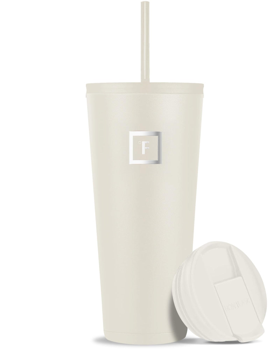 IRON °FLASK Classic Tumbler in cashmere cream showing cup-holder compatibility for travel