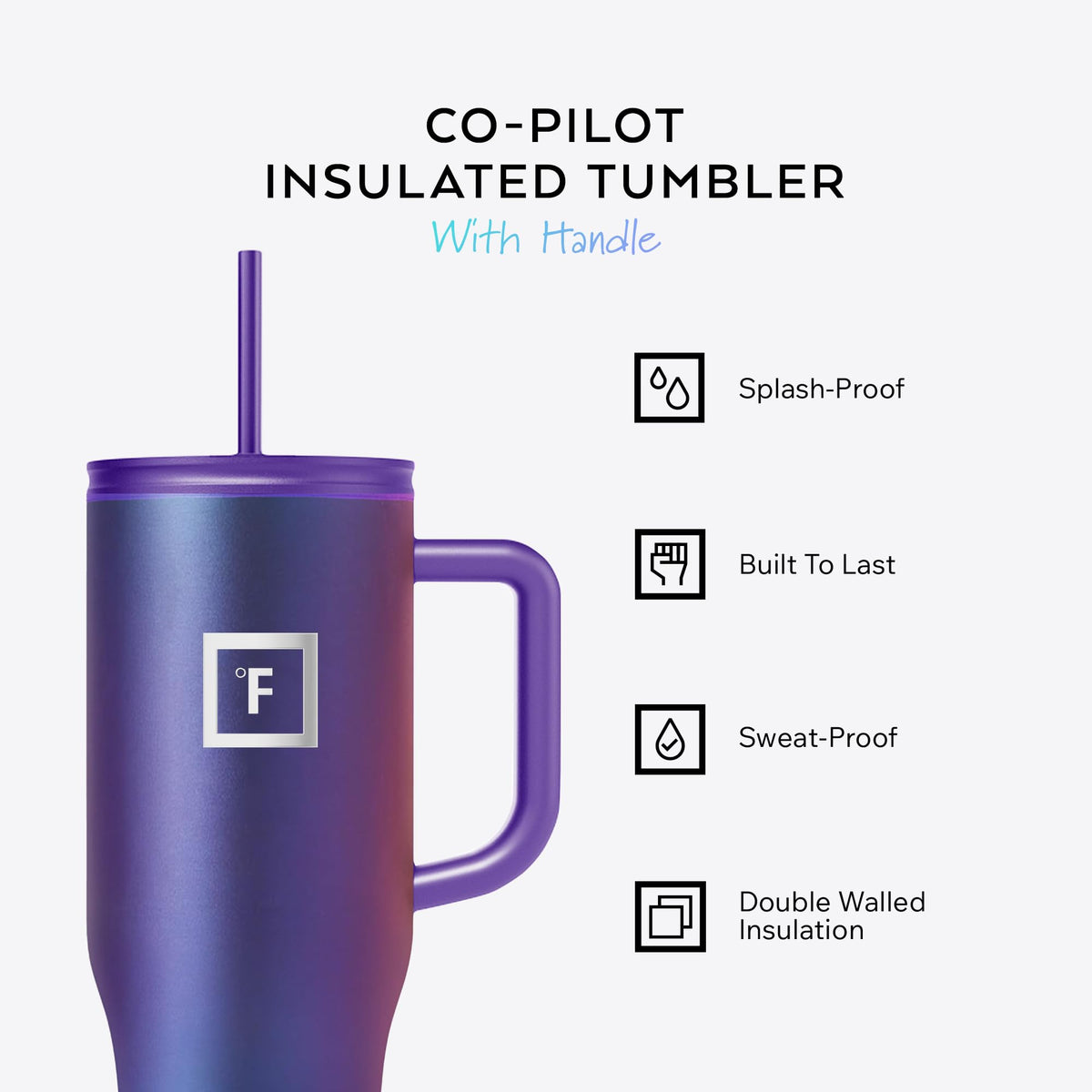 IRON °FLASK Co-Pilot mug with flip cap for secure, spill-free beverages.