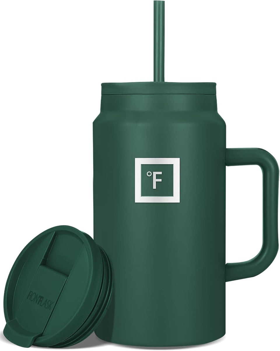 IRON °FLASK Copilot insulated mug with straw lid keeps beverages cold for hours.