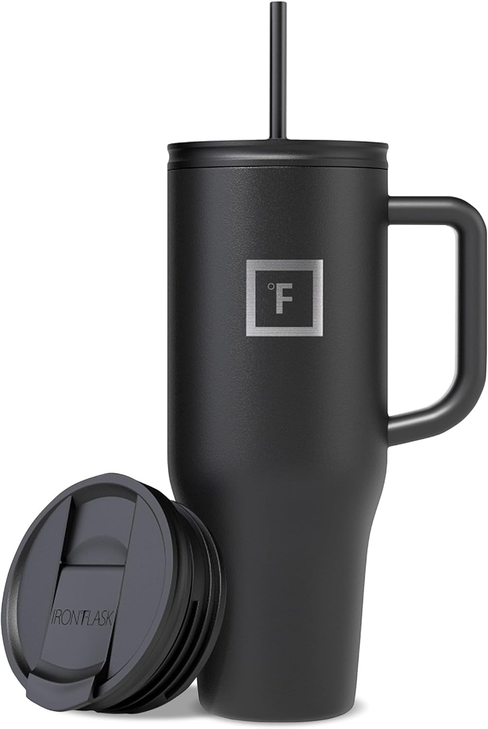 IRON °FLASK Copilot Mug Midnight Black front view, travel-friendly for hot and cold beverages.