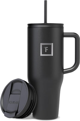 IRON °FLASK Copilot Mug Midnight Black front view, travel-friendly for hot and cold beverages.