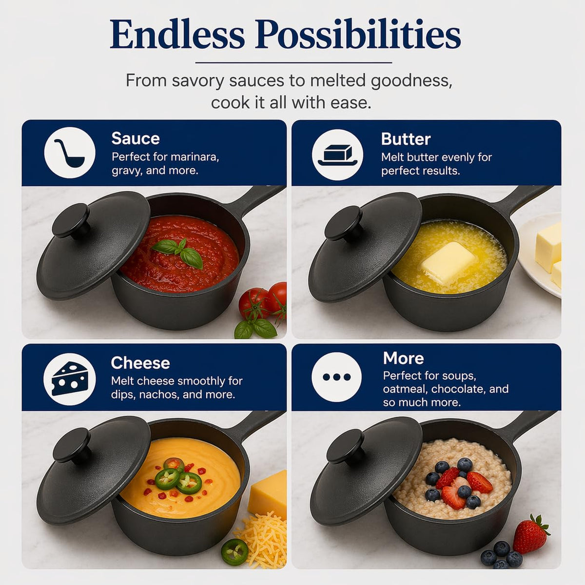Iron Grillers cast-iron sauce pot shows even cooking for smooth melts.