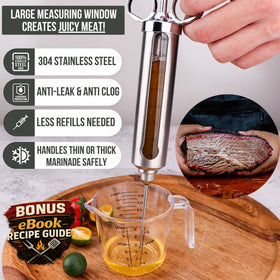 Iron Grillers measuring window displays precise marinade dosing for large cuts.