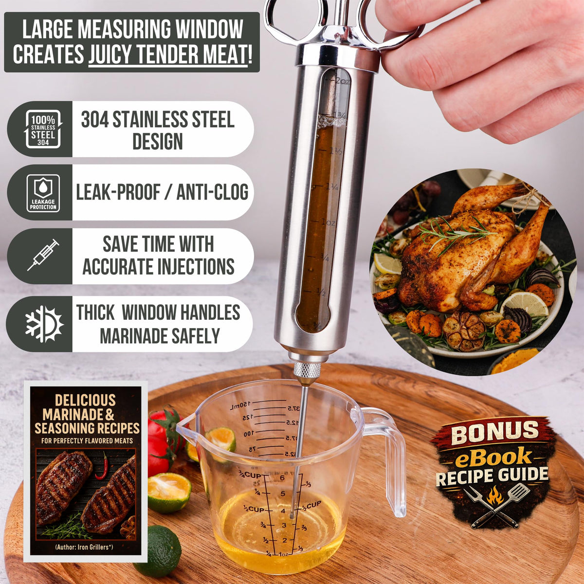 Iron Grillers leakproof injector design showing mess-free marinade delivery.