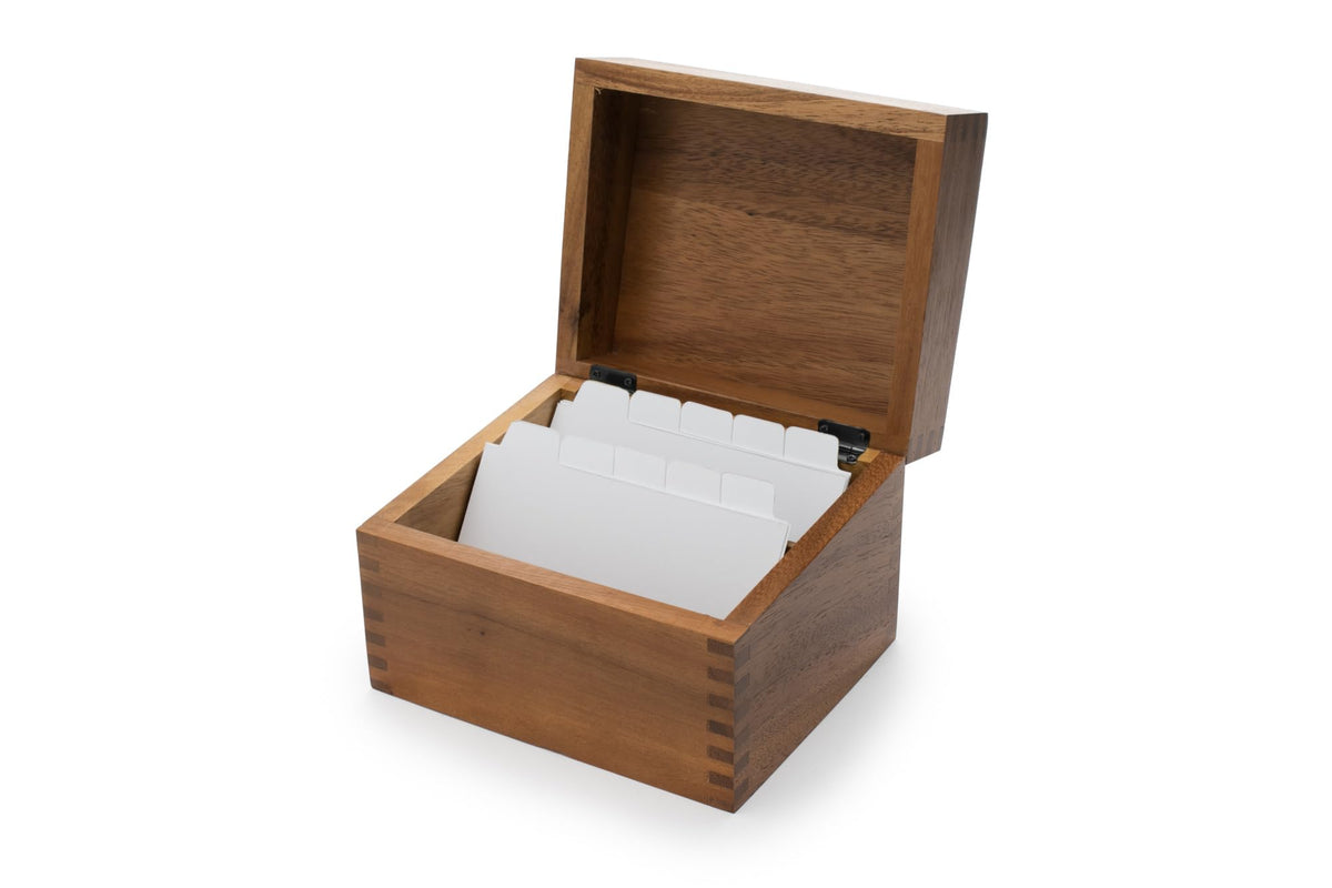 Ironwood Gourmet acacia recipe box with grooved lid for easy reading while cooking