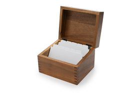 Ironwood Gourmet acacia recipe box with grooved lid for easy reading while cooking