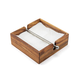 Ironwood Gourmet napkin holder in acacia wood keeps napkins neatly organized.