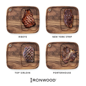 Ironwood Gourmet plate beside steak knives illustrates edge protection and clean serving.