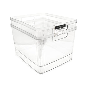 Isaac Jacobs 2-pack extra-large clear storage bins with cutout handles for easy pantry organization.