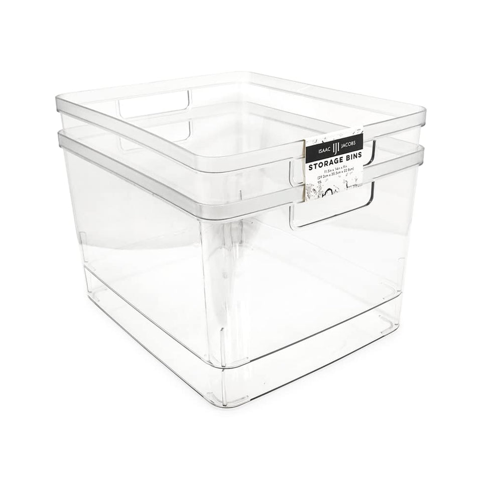Isaac Jacobs 2-pack extra-large clear storage bins with cutout handles for easy pantry organization.