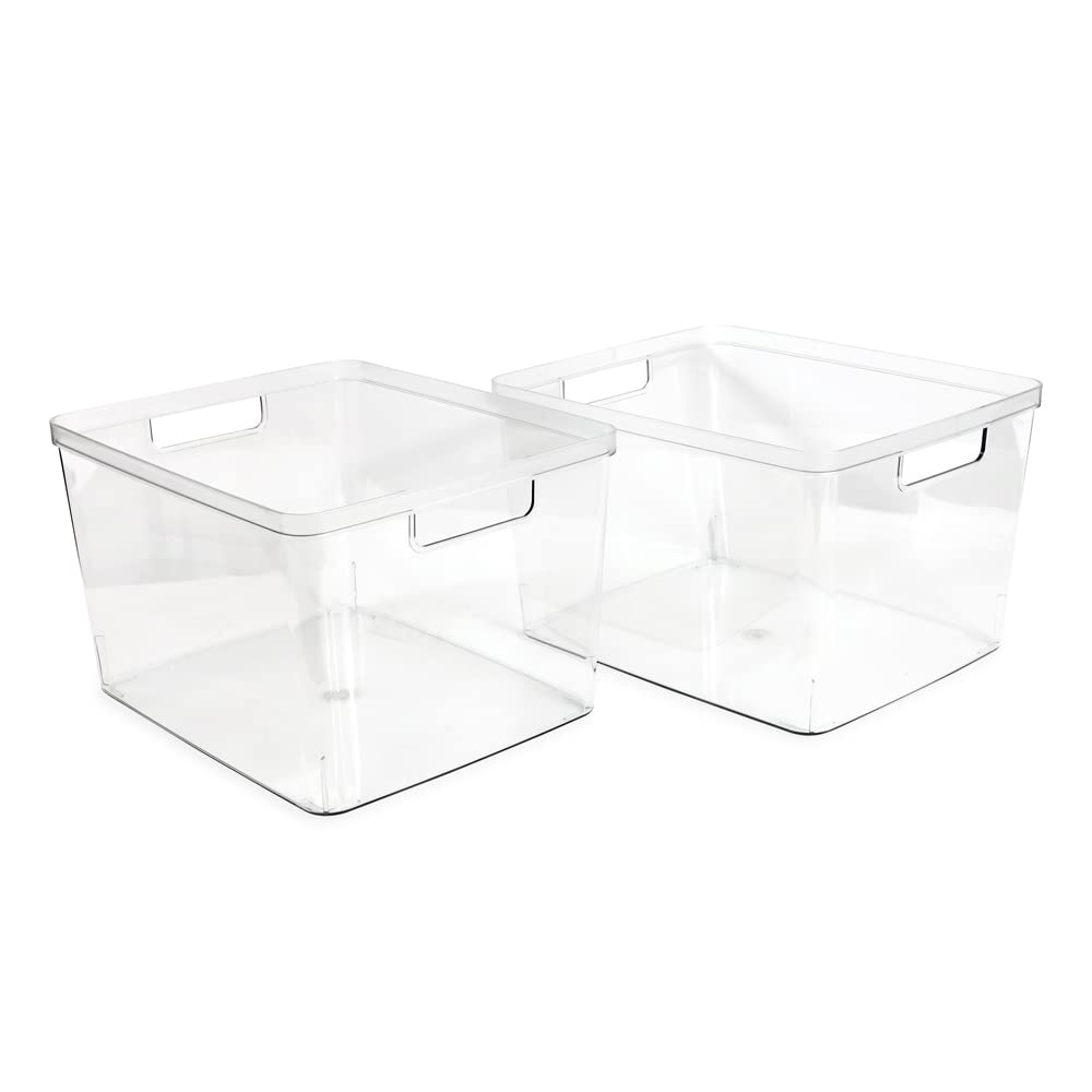 Isaac Jacobs clear storage bin shown from the side view with spacious interior.