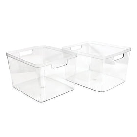 Isaac Jacobs clear storage bin shown from the side view with spacious interior.