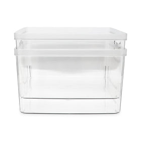 Isaac Jacobs bathroom storage bin separates toiletries from cleaning items neatly.