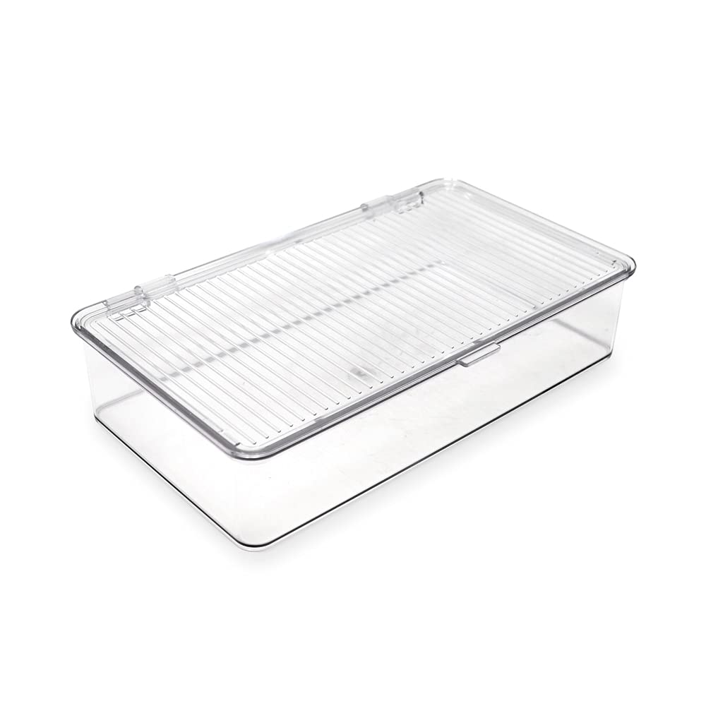 Isaac Jacobs small stackable bin with hinged lid for compact organization.