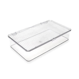 Isaac Jacobs small stackable bin with hinged lid for compact organization.