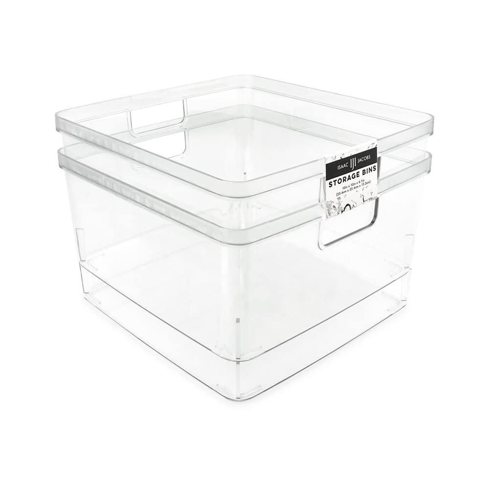 Isaac Jacobs square clear storage bin with cutout handles for easy transport and kitchen organization.