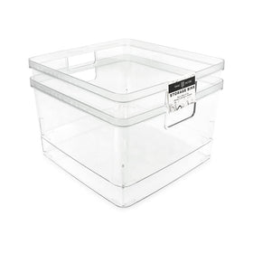 Isaac Jacobs square clear storage bin with cutout handles for easy transport and kitchen organization.