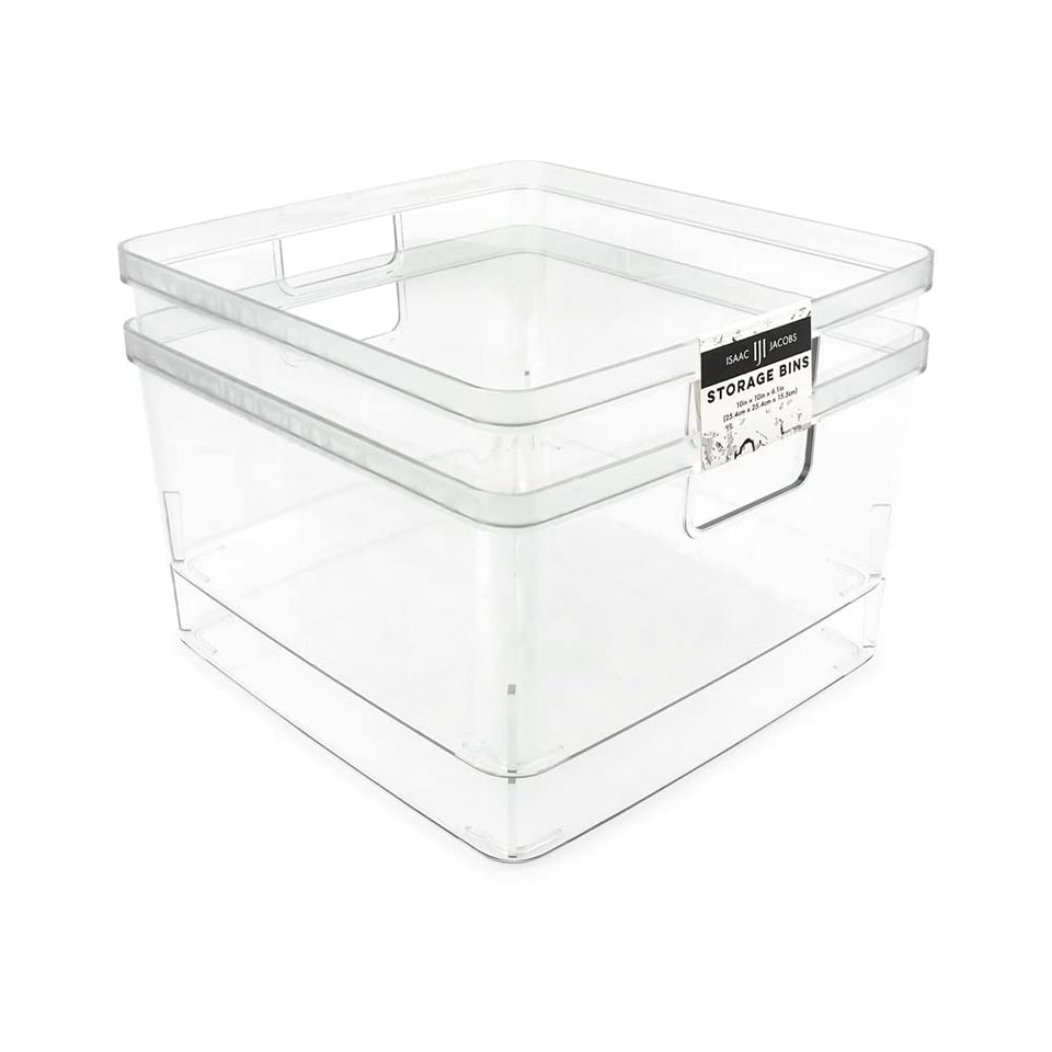 Isaac Jacobs square clear storage bin with cutout handles for easy transport and kitchen organization.