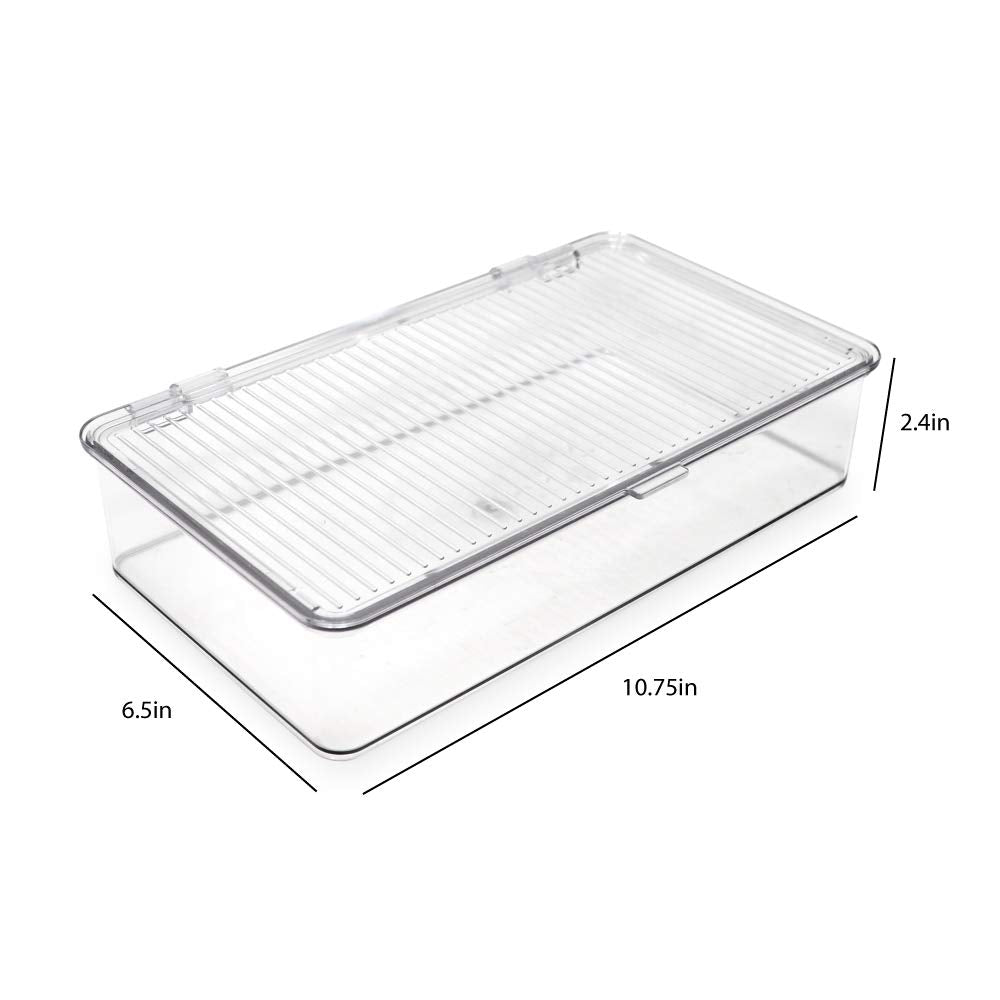 Isaac Jacobs stackable bin with front-tab lid for easy access.