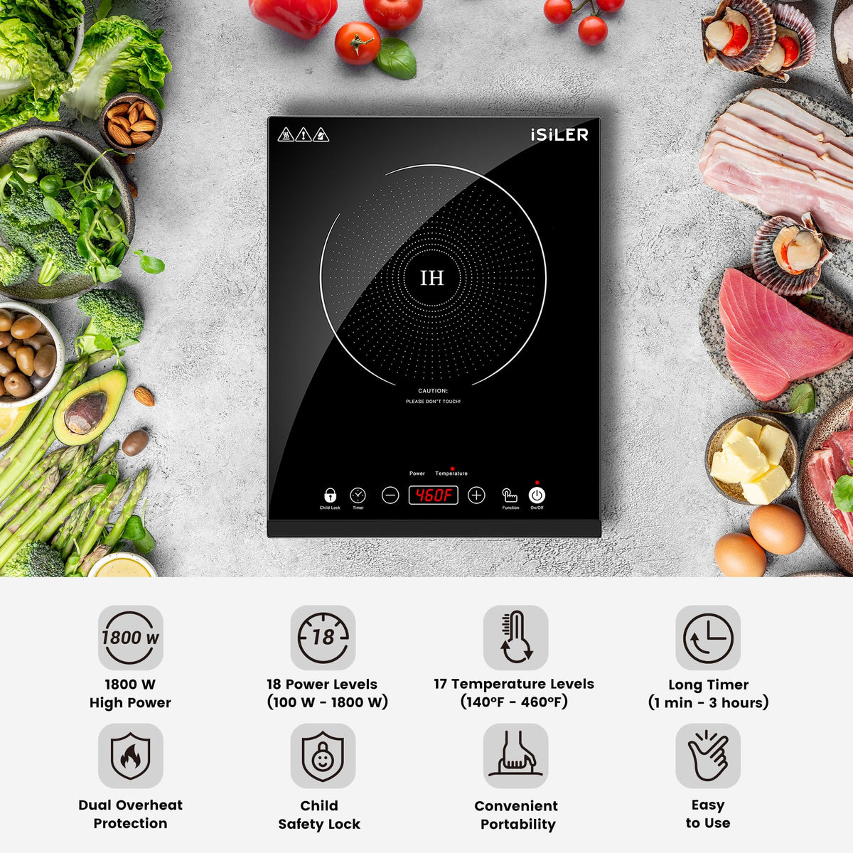 ISILER 1800W induction cooktop control panel enables quick, precise heat adjustments