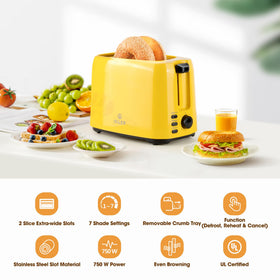 ISILER toaster yellow front panel with easy controls for browning.