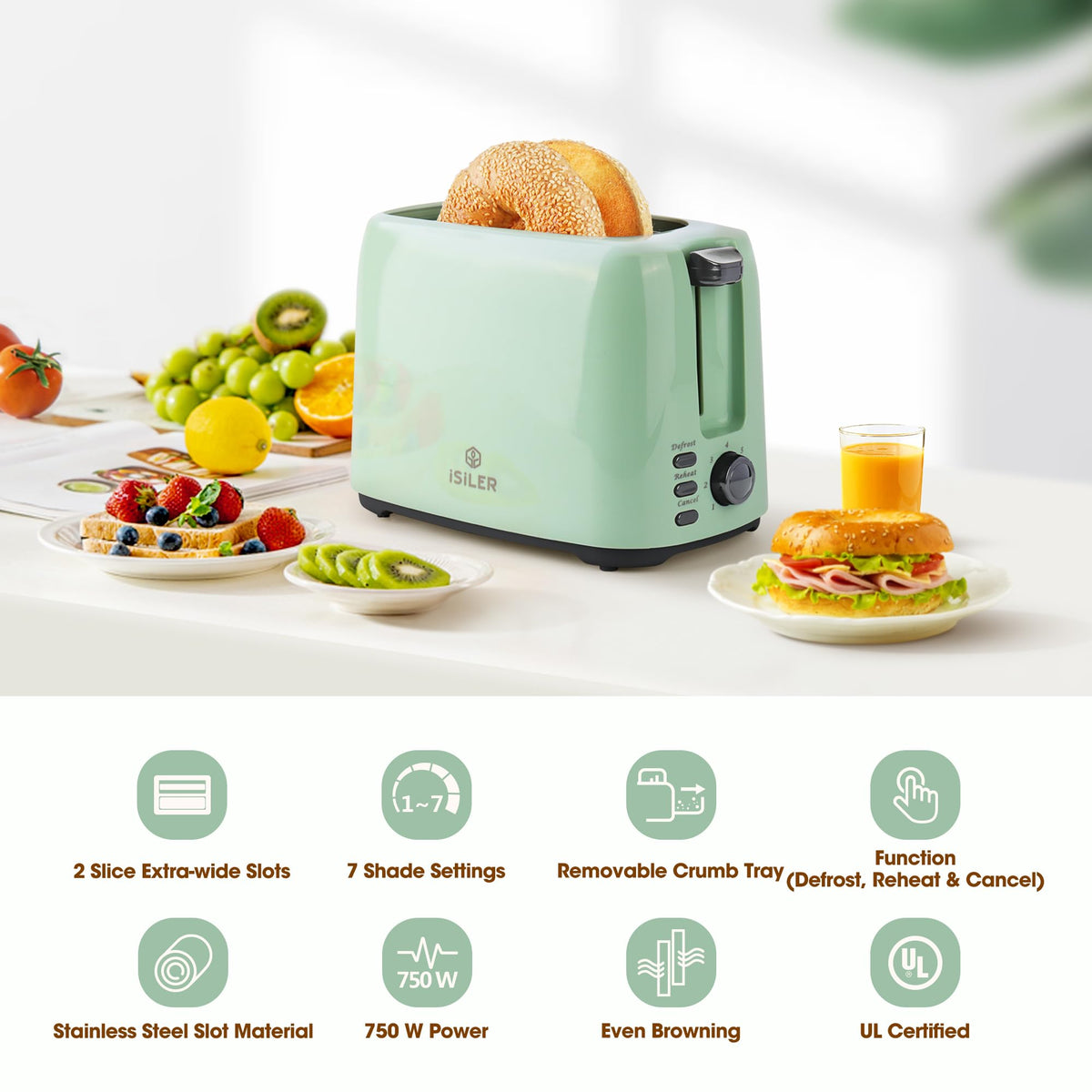 ISILER bagel toaster demonstrating double-side browning for even results.