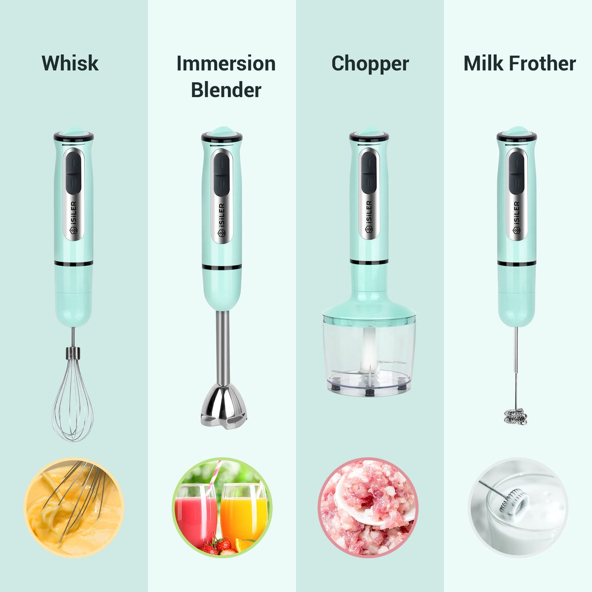 ISILER egg whisk attachment helps whip smooth batters and sauces.